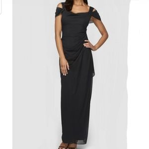 Alex Evenings Cold-Shoulder Ruched Mesh Petite Sheath Gown